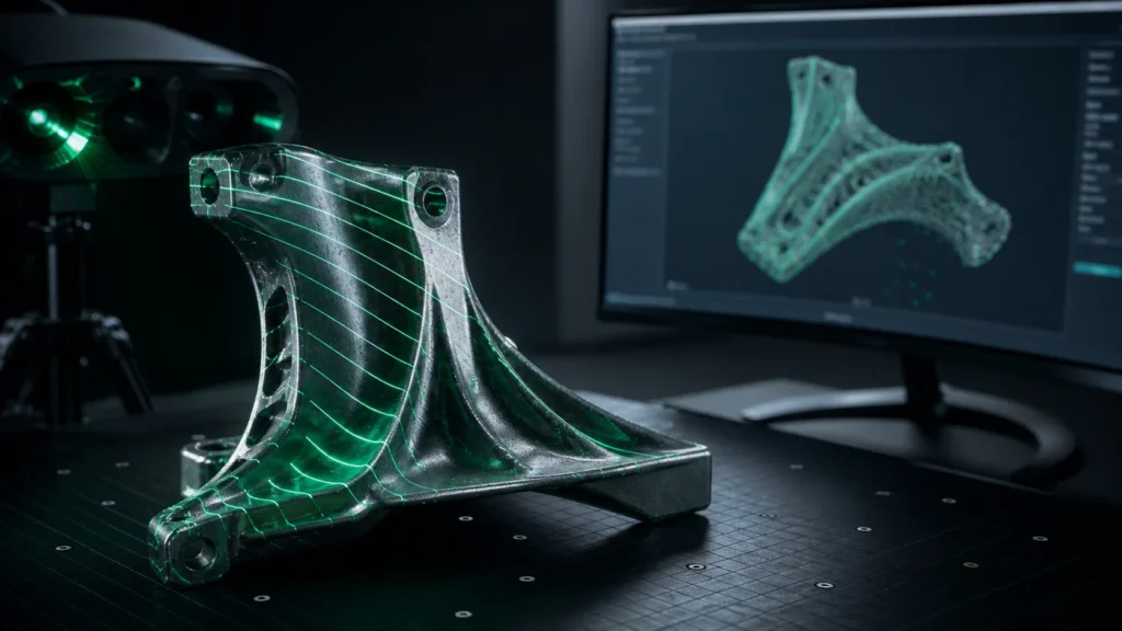 Peça industrial digitalizada com EinScan HX2 e mesh em monitor CAD
