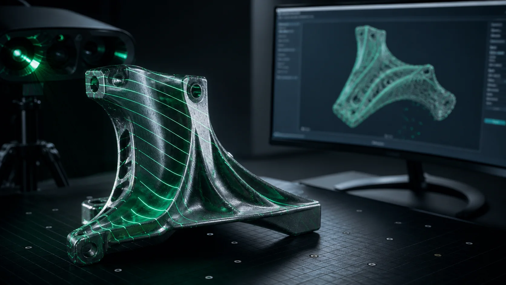 Peça industrial digitalizada com EinScan HX2 e mesh em monitor CAD