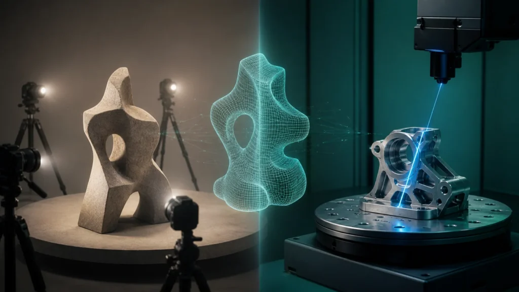 Split comparativo de fotogrametria e scanner 3D com escultura e peça industrial