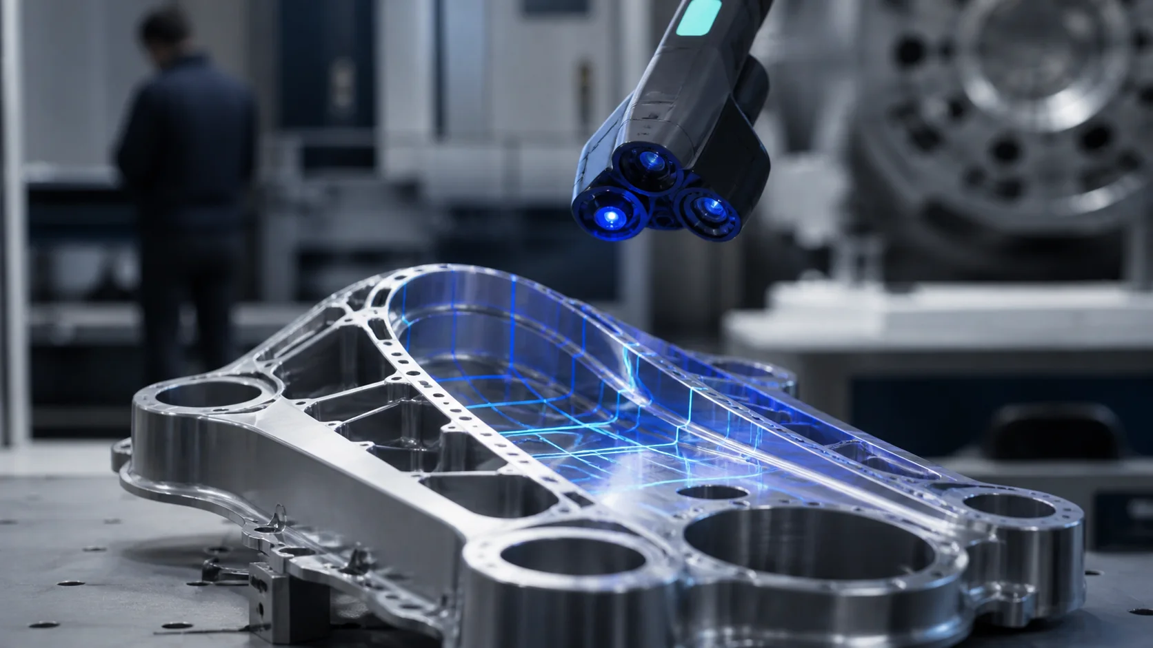 Inspeção dimensional 3D de peça automotiva com FreeScan Trio em fábrica
