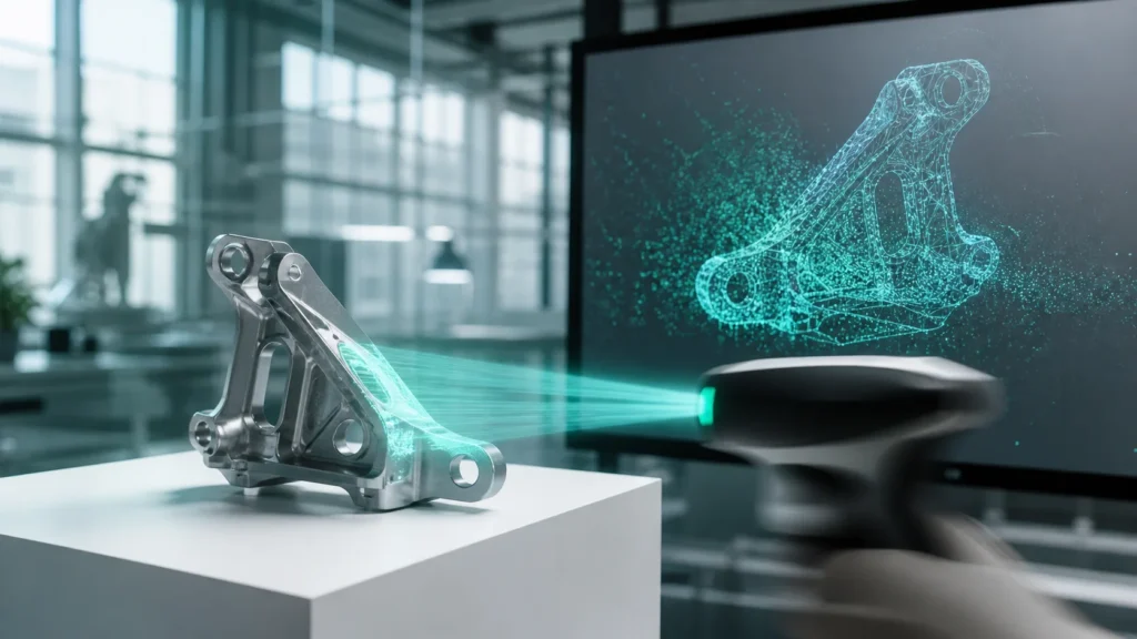 Peça industrial sendo digitalizada por scanner 3D com mesh aparecendo no monitor