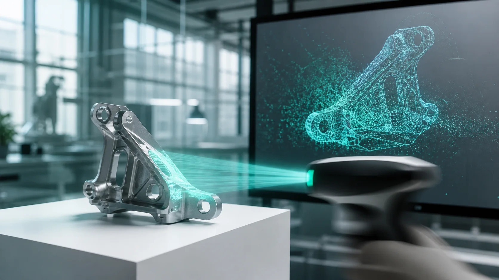 Peça industrial sendo digitalizada por scanner 3D com mesh aparecendo no monitor