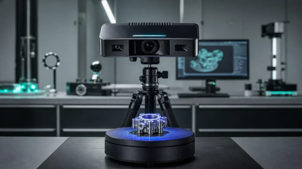 OptimScan Q12 em tripé sobre turntable em laboratório de qualidade